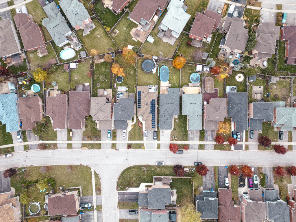 Aerial drone view of residential solar panel installation in Ontario